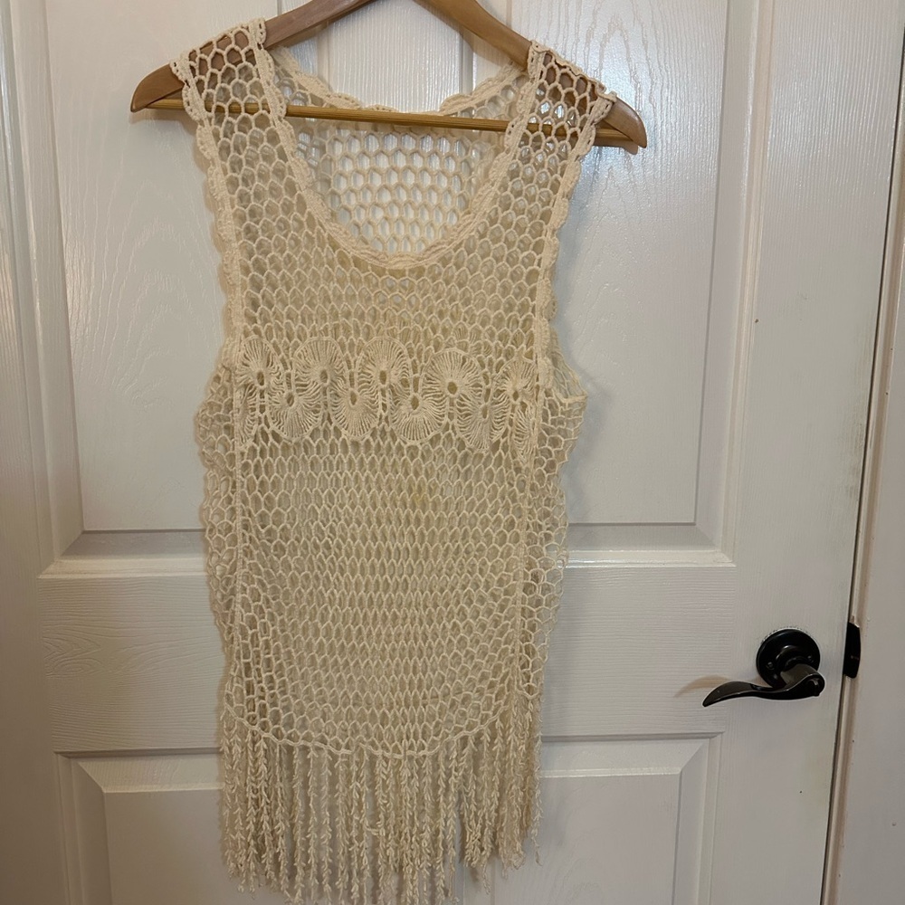 Iris Cream Crochet Fringe Top